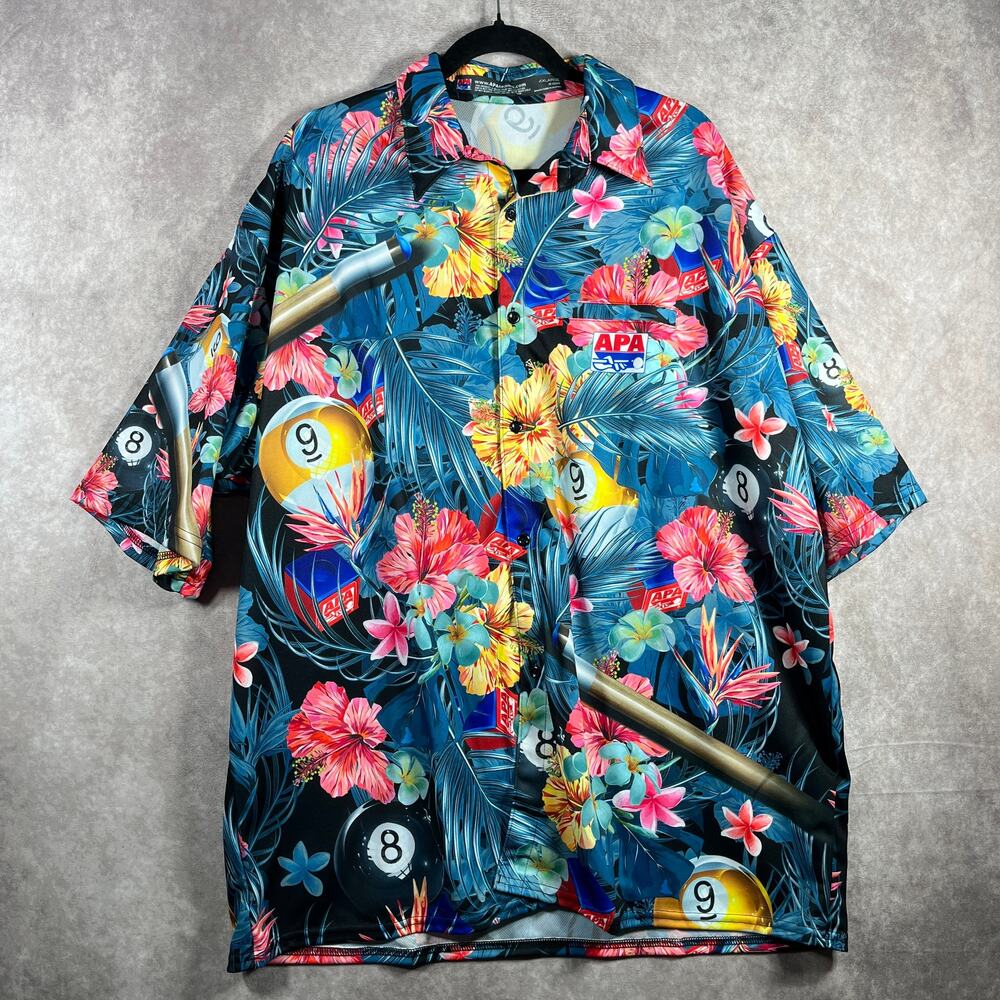 APA Shirt Mens Size 4XL Blue Floral Billiard Balls Button Up‎ Hawaiian Summer